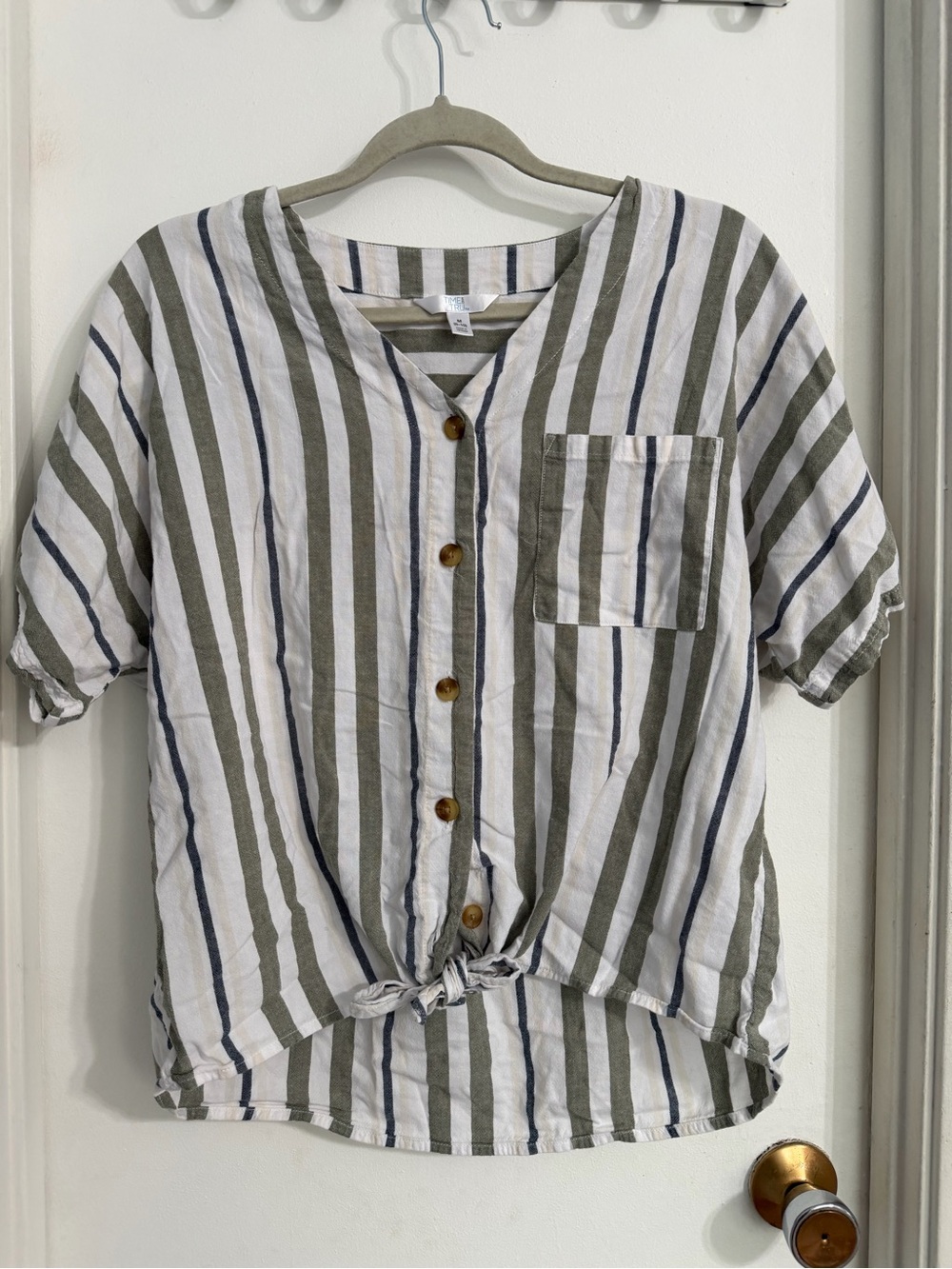 Time & Tru Striped Button-Up Tie Top